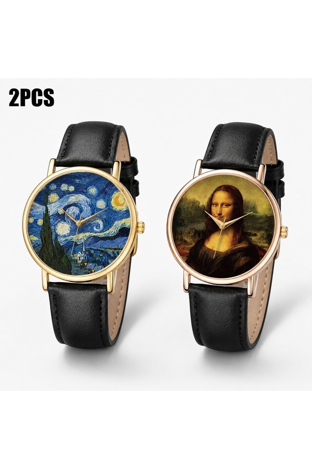 2pcs Black Fashion Women‘s Quartz Watches Casual Leather Belt Draw Painting Watches for Woman Elegan