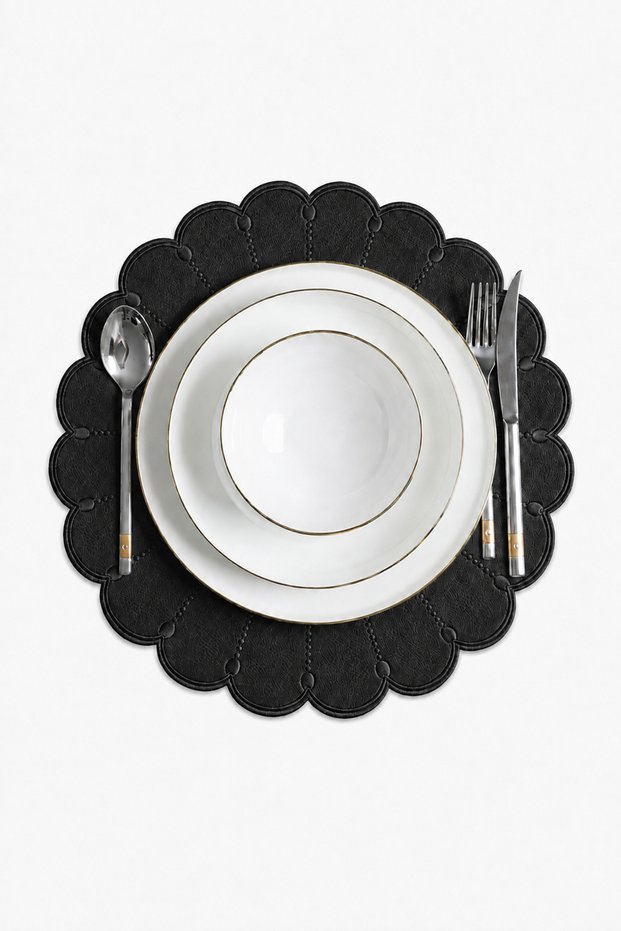 Embroidered Leather American Service Set of 2 Double-Sided Round Placemats 40X40 cm Almada Black
