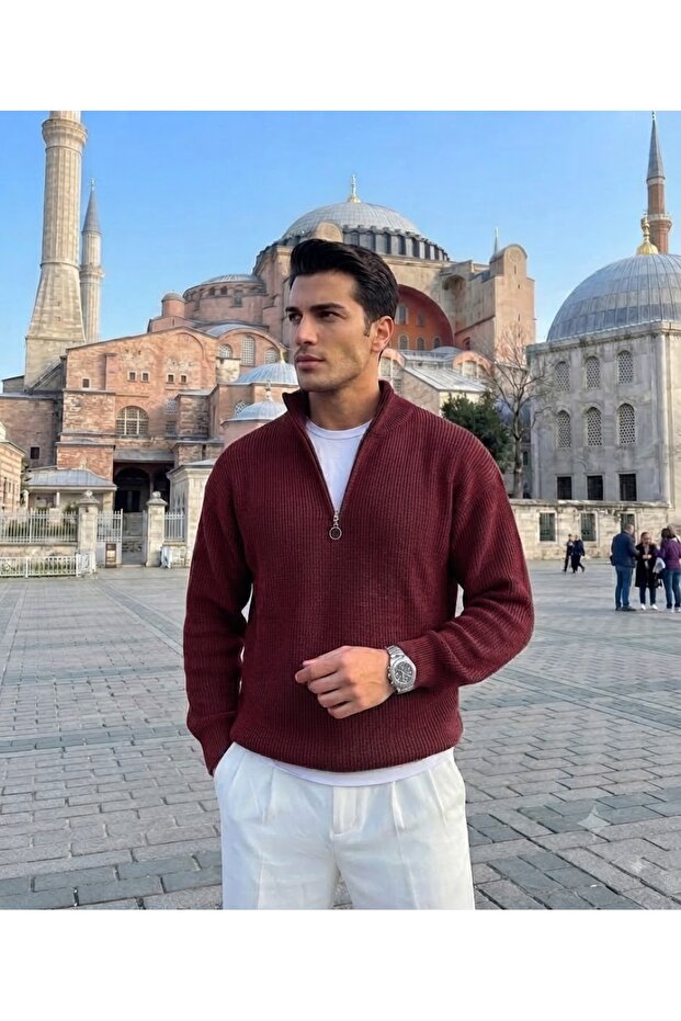 Men's Winter Thick 100% Cotton Stand-Up Collar Basic Knitwear Sweater