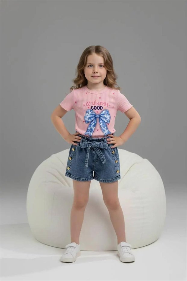 Printed Girls' T-Shirt and Denim Shorts Set - 6670