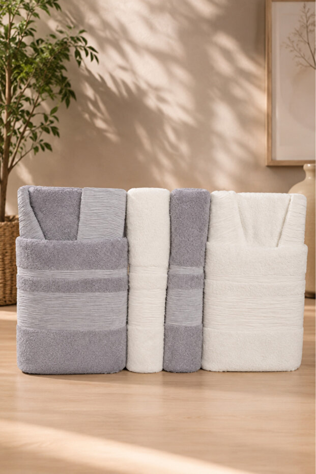 Gold 100% Cotton Jacquard 6 Piece Family Bathrobe Set Gray - Ecru