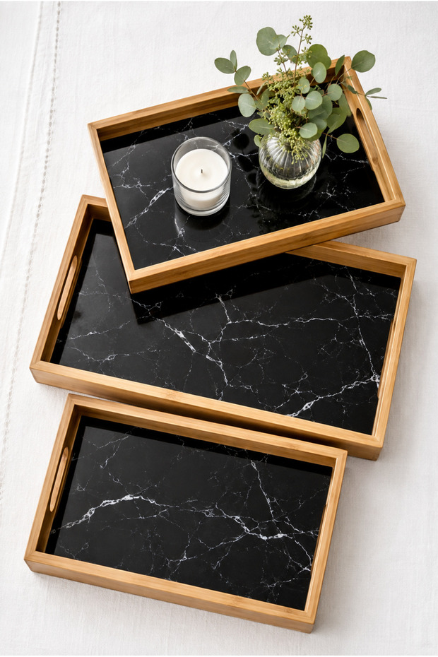 Marcella 3-Piece Navy Blue Patterned Tray with Marble Pattern