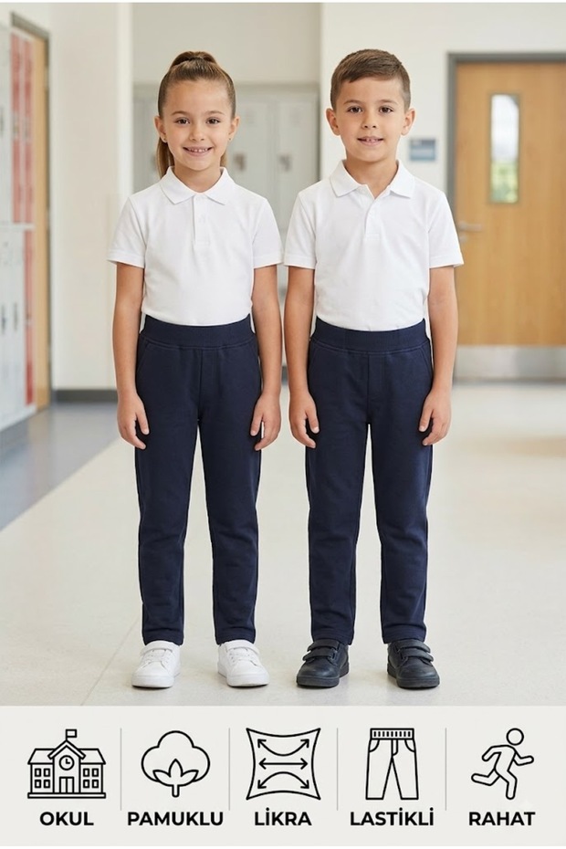 Lycra Combed Cotton Unisex School Trousers with Elastic Waist for Girls and Boys