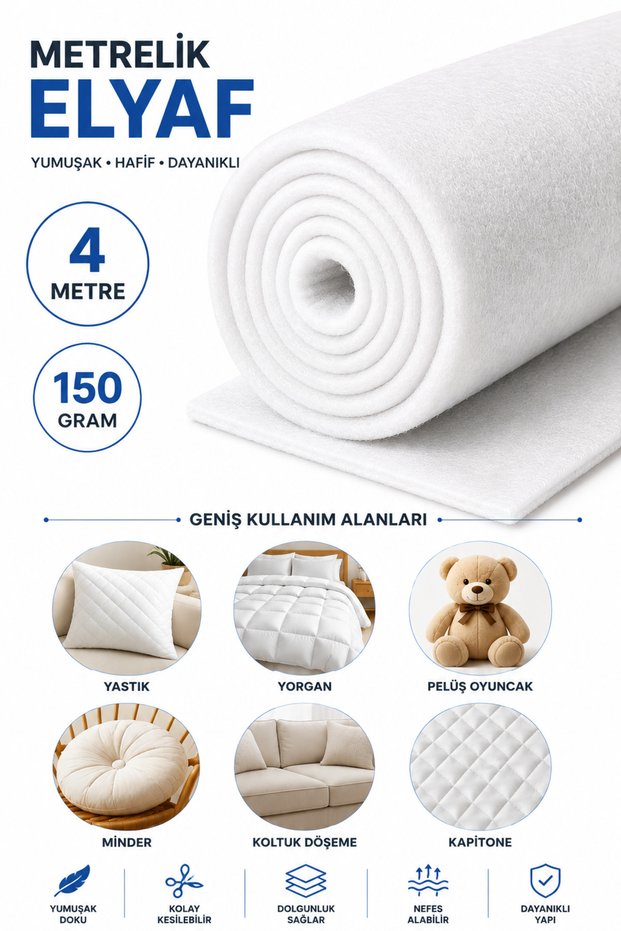 4 Meters 150 Gr Meter Fiber – Thick White Roll Fiber Filling and Covering Material – for Pillows, Quilts, Cushions, Plush Toys, Sofa Upholstery and Quilting