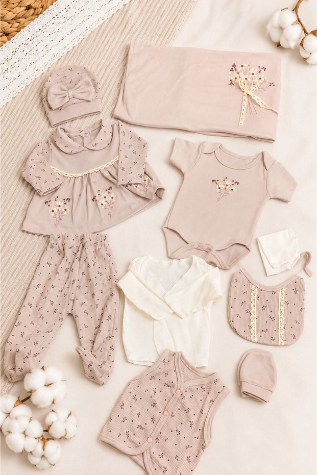 Baby Girl Floral 10-Piece Hospital Discharge Set Cotton Waffle Fabric Boxed Gift Newborn Rose Dried