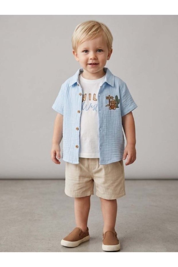 Baby Boy Muslin Shirt T-Shirt and Pants Triple Design Set