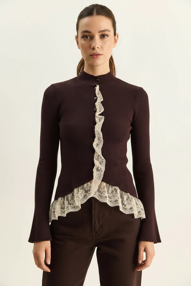 Women's Lace Detailed Half Turtleneck Buttoned Ribbed Knitwear Bitter Brown Cardigan