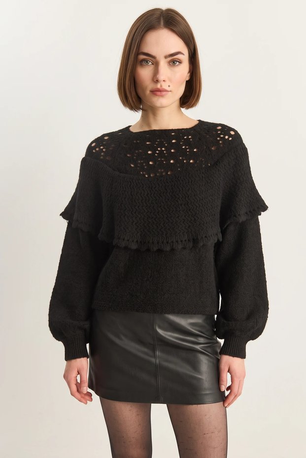 Women's Ruffled Openwork Detailed Balloon Sleeve Ribbed Knitwear Black Sweater