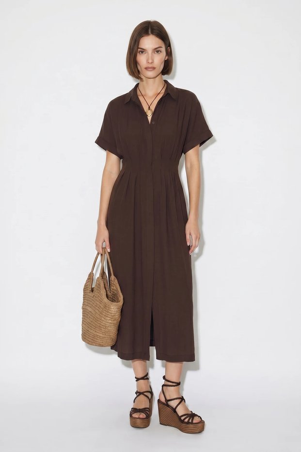 Women's Buttoned Pocket Detailed Waist-Slit Midi Modal Bitter Brown Dress