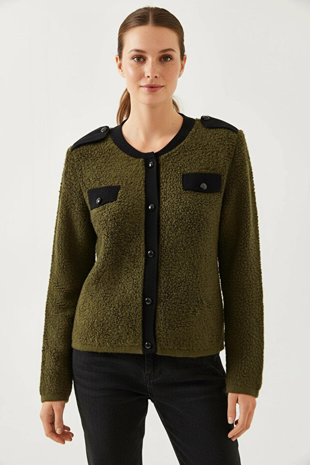 Women's Buttoned Pocketed Khaki Cardigan