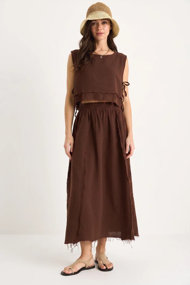 Women's Elastic Waist Skirt with Side Tie Detail, Crop Muslin Brown Top and Bottom Set