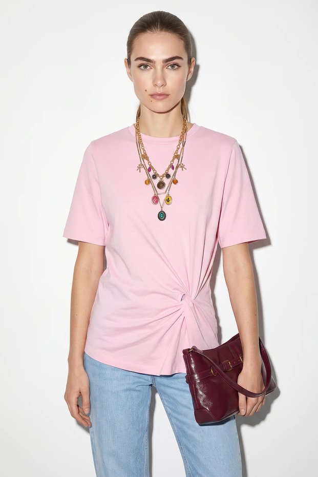Women's Padded Shoulder Detailed Knot Short Sleeve t Shirt Pink