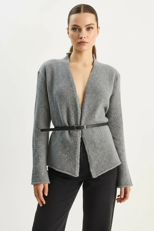 Women's Belt Detailed Knitwear Anthracite Cardigan