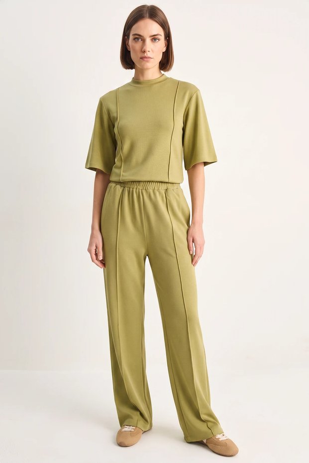 Women's Ribbed Half Sleeve T-Shirt with Elastic Collar and Wide Leg Pants in Pistachio Green Set