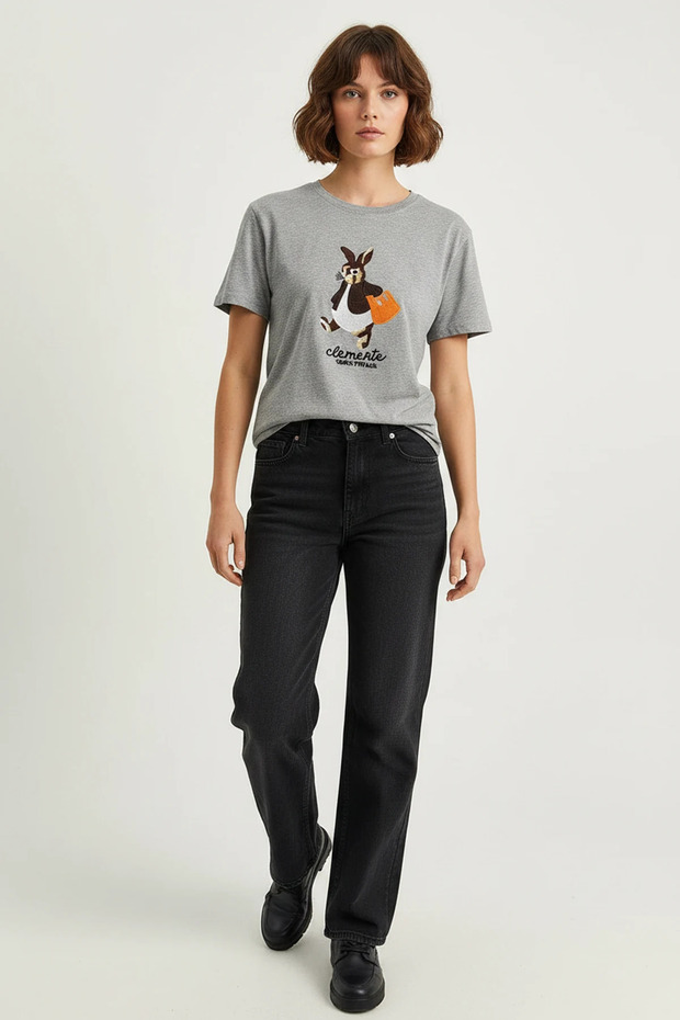 Women's Rabbit Embroidered Crew Neck Basic t Shirt Gray