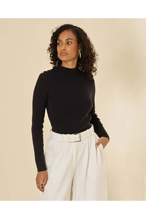 Women Black Shoulder Button Detail Pullover