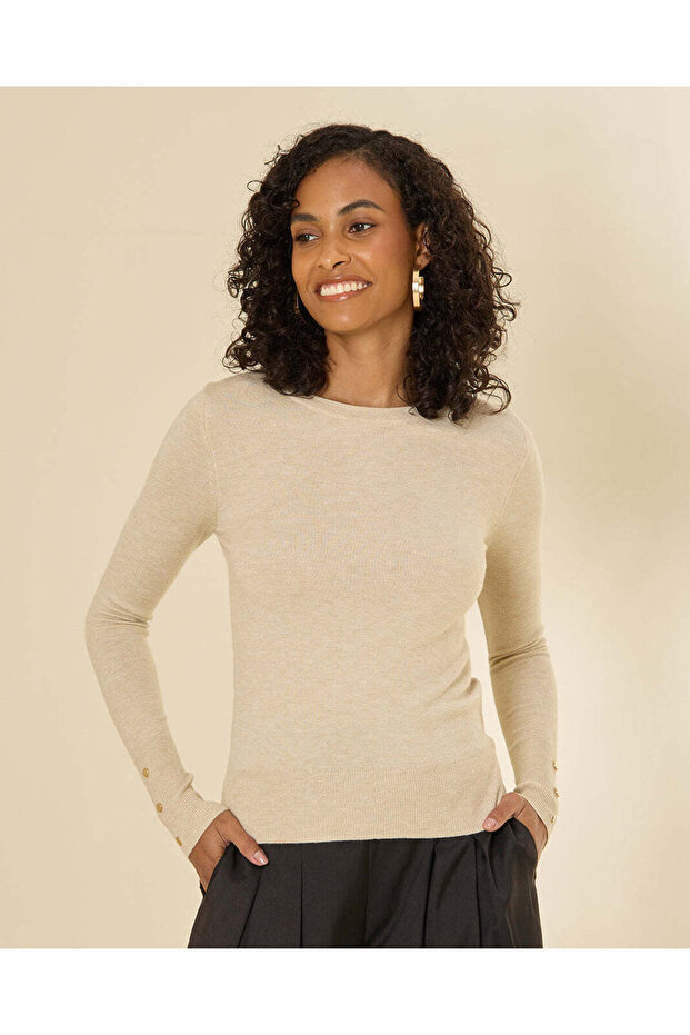 Women Beige Sleeve Button Detail Pullover