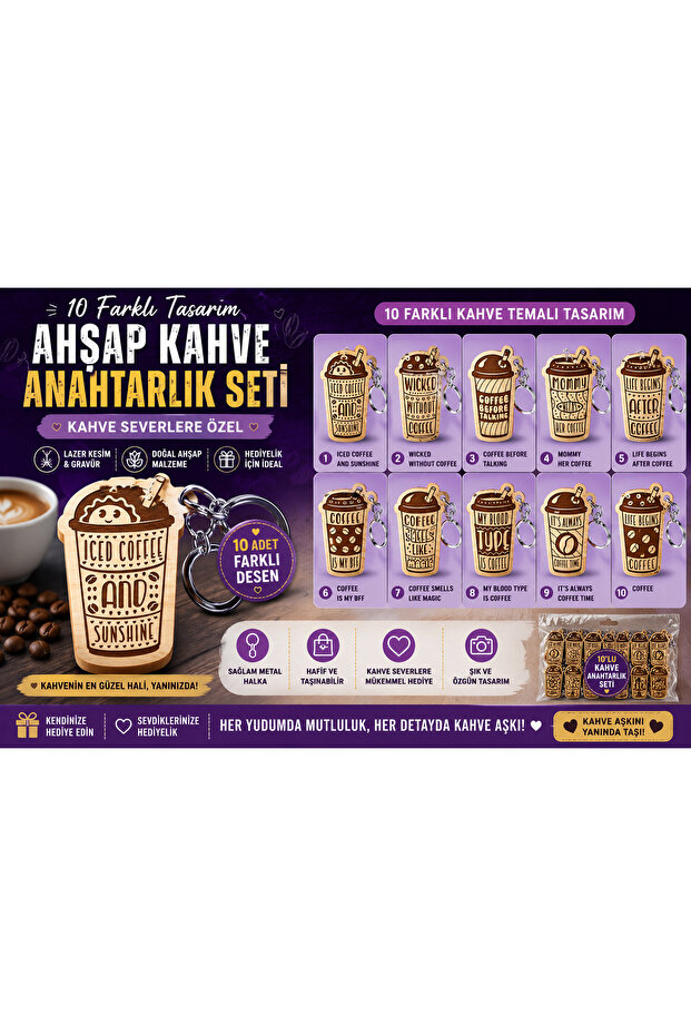 ☕ Set of 10 Wooden Coffee Themed Keychains – Special for Coffee Lovers ❤️