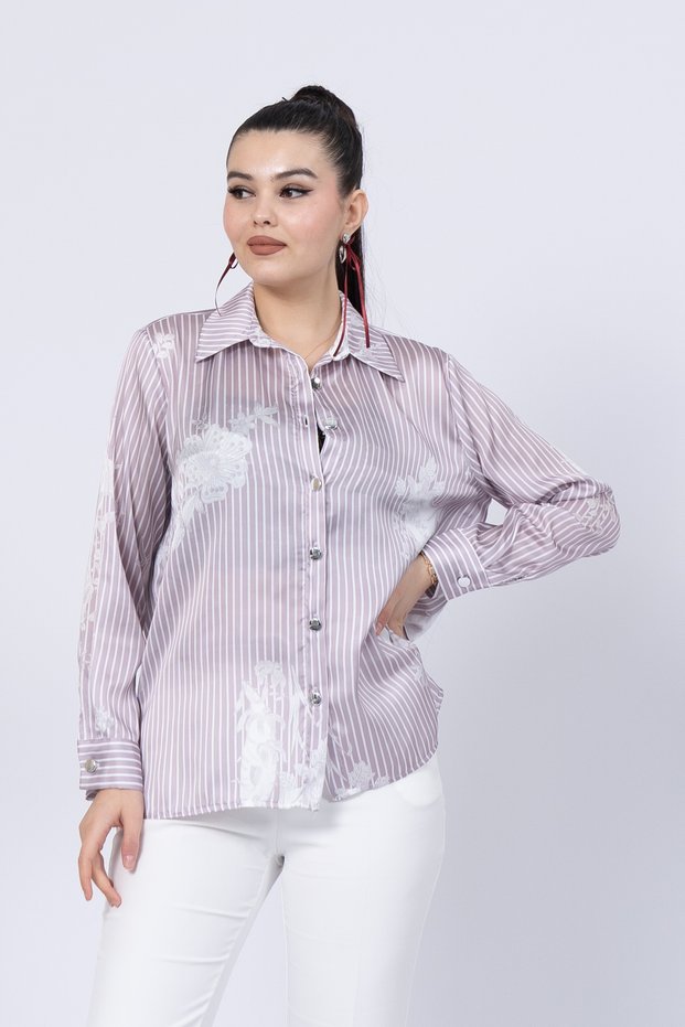 Women's Summer Lilac Floral Patterned Striped Long Shirt 70020