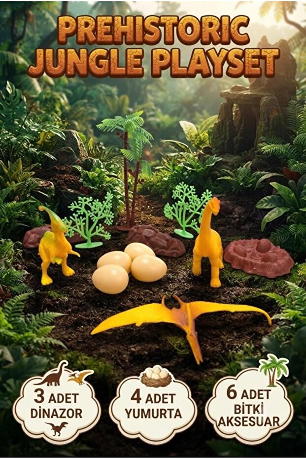 Mini Dinosaur Educational and Fun Prehistoric Jungle Figure Playset with 3 Dinosaurs