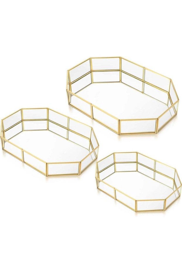 3 Pieces Mirror Tray, Rectangle Metal Vanity Mirror Tray, Can be stored for Perfume, Jewelry, Makeup, Cosmetic, Suitable for Dresser, Bedroom, Bathroom, Hotel, 3 Sizes