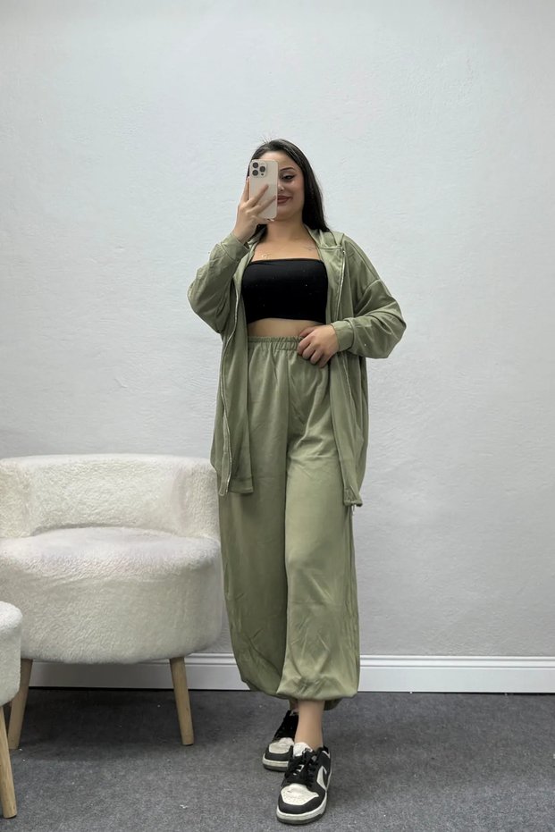 Women's Modal Hooded Zippered Oversize Two-Piece Set Khaki