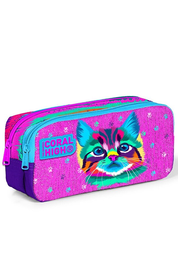 Purple Pink Cat Patterned Two Compartment Pencil Bag 12050