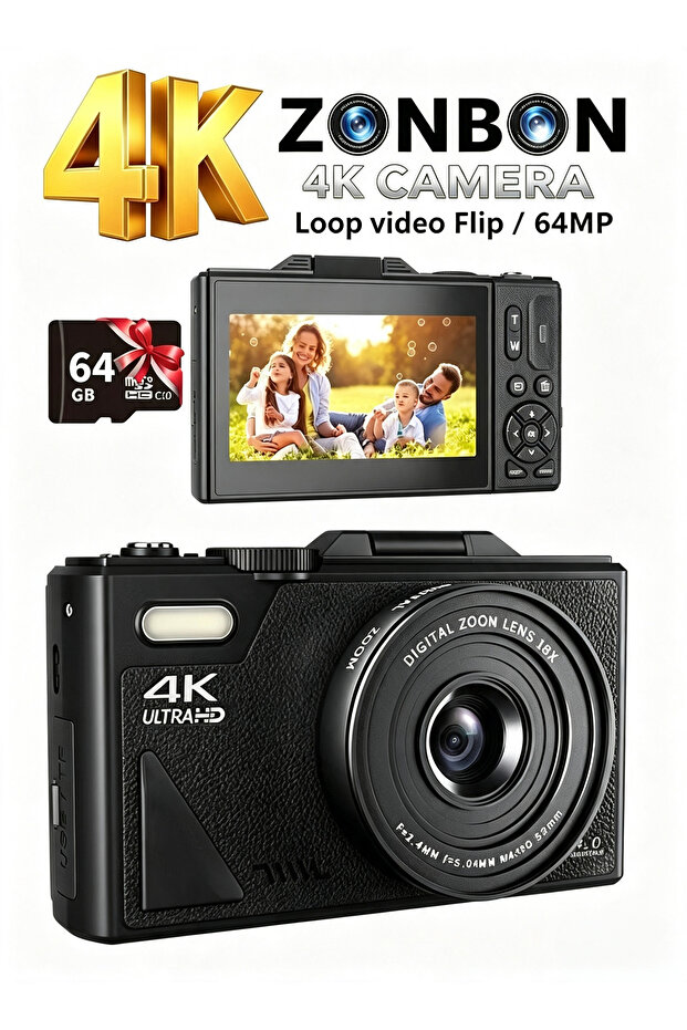 كاميرا رقمية بدقة 4K، كاميرا رقمية 64 ميجابكسل مع تكبير رقمي 18X، كاميرات رقمية مع ذاكرة 64 جيجابايت، كاميرا محمولة مع وظيفة كاميرا ويب SD