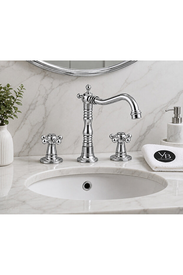 Koç 3 Hole Lavabo Batarya Krom– Retro Classic Design Double Handle Decorative Sink Faucet