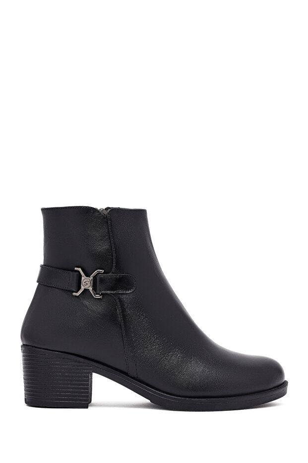 Women's Black Zippered Thick Heeled Leather Boots Wf410019Dv
