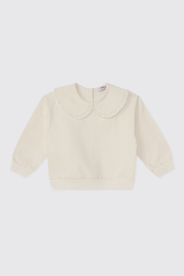 Baby Girl Ecru Sweatshirt with Ruffle Detail on the Collar