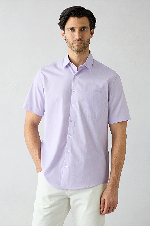 Short Sleeve Regular Fit Striped Pocketed 100% Cotton Shirt