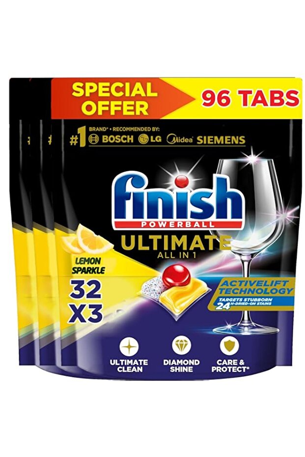 Finish Powerball Ultimate Dishwasher Detergent, Lemon Sparkle Scent, 32 Tabs x 3
