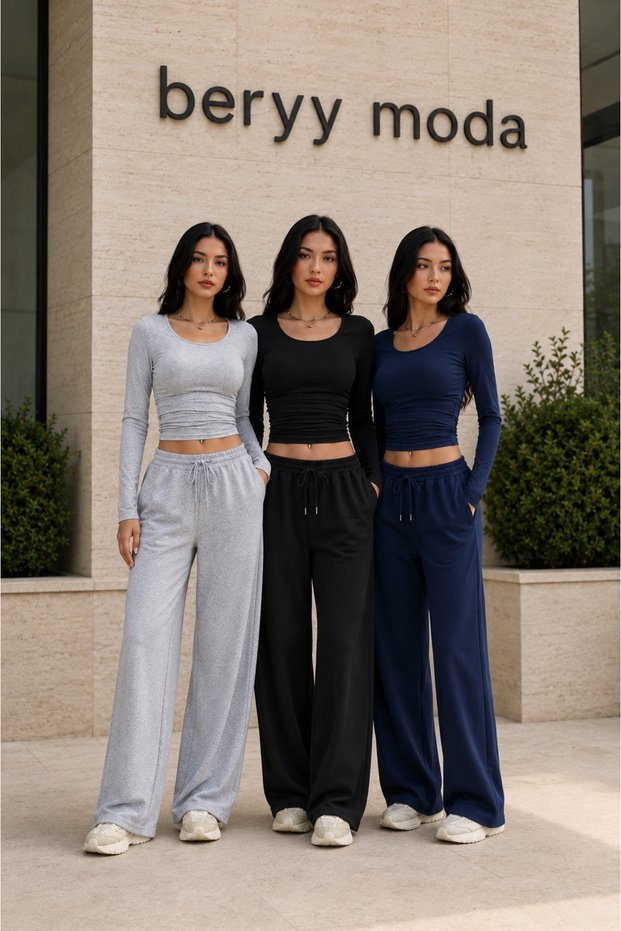 3-Piece Opportunity Product Set Women's Black Gray Navy Blue Wide Leg Loose Leg Sweatpants