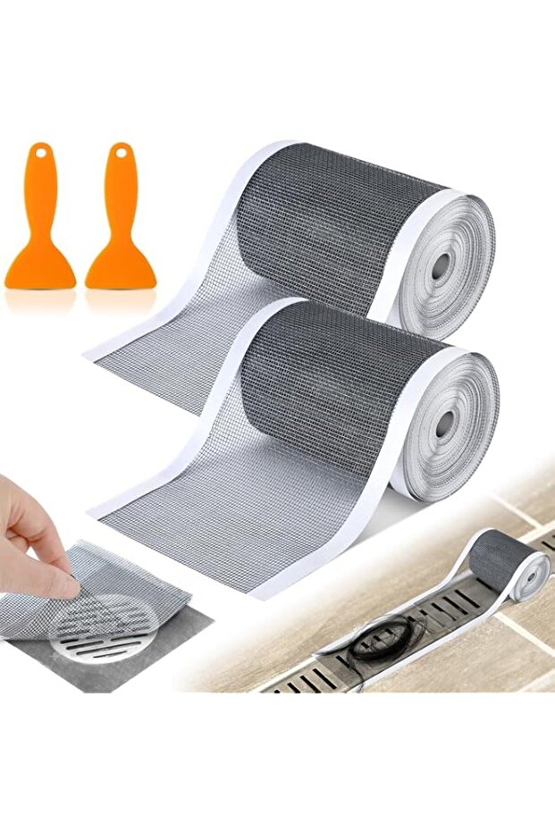 2 Pack 4 Inch x 33 ft Linear Shower Drain Hair Catcher Screen Disposable Adhesive Cutable Mesh Shower Drain Cover Stickers for Linear DIY Floor with Removal Tool for Bathroom Kitchen Bathtub