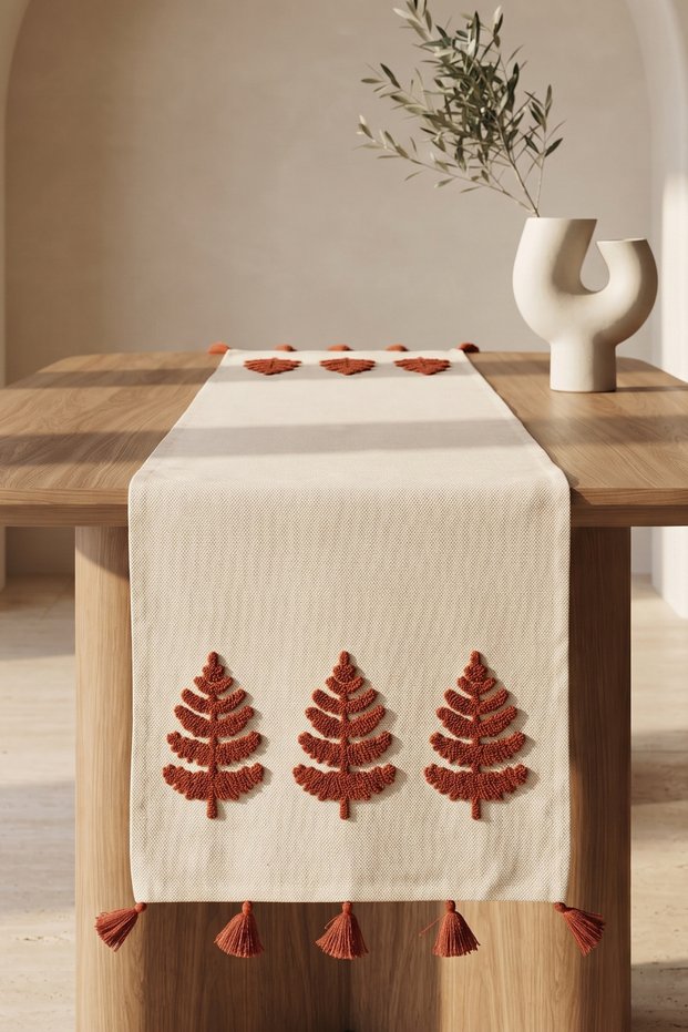 Tree of Life Embroidered Tassel Embroidered Cotton Runner Tablecloth 40X130 cm