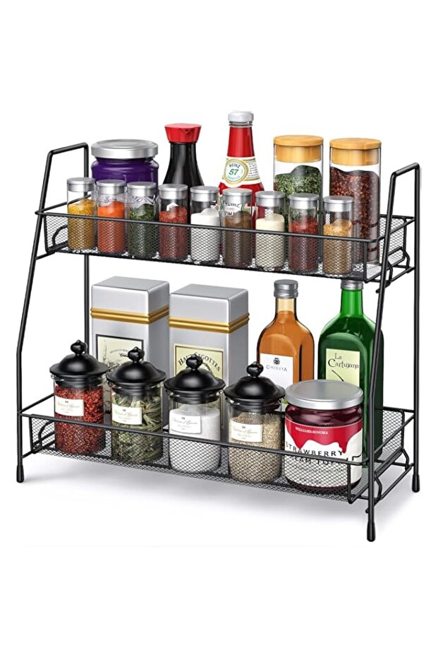 TAME Spice Rack Organizer for Countertop, 2-Tier Bathroom Organizer Countertop, Large Kitchen Countertop Organizer Seasoning Storage Shelf, Foldable Bathroom Vanity Organizer