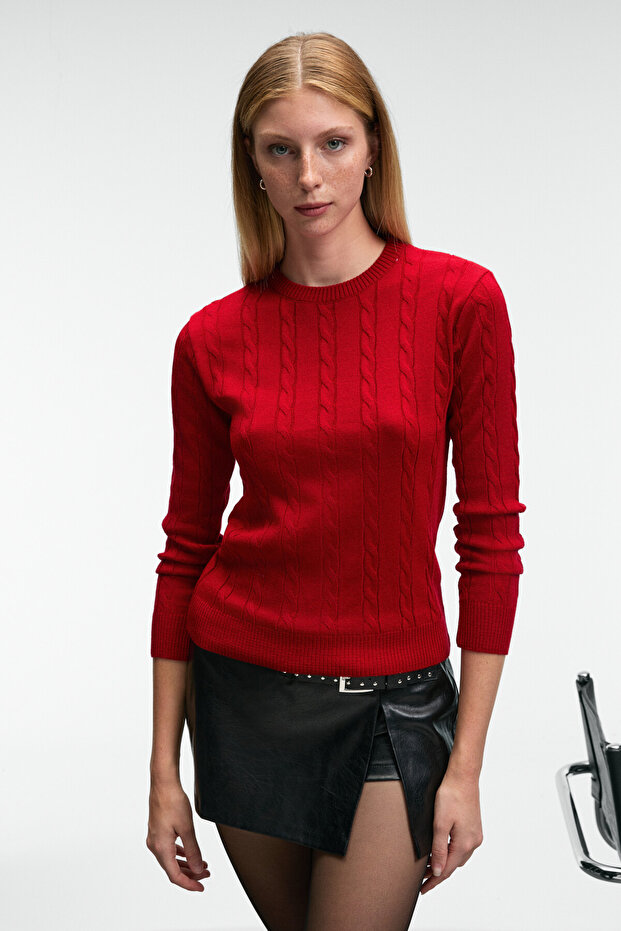 Querida Women's Round Neck Hair Braided Regular Fit Knitwear Red Sweater