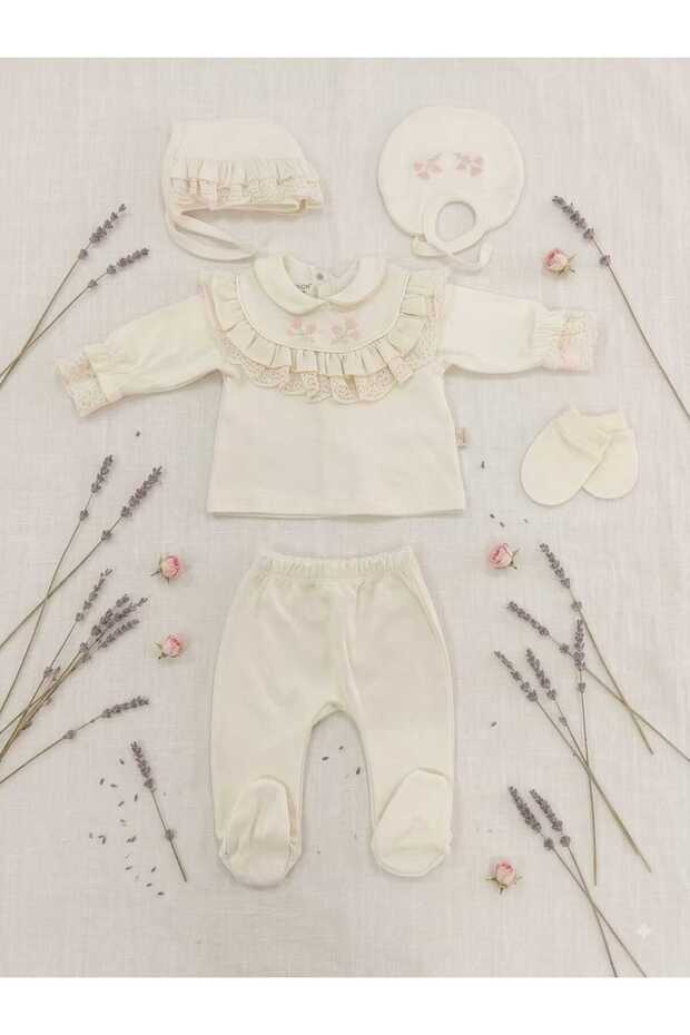 Lace Detailed Floral Embroidered 100% Cotton Baby 5-Piece Hospital Discharge Set