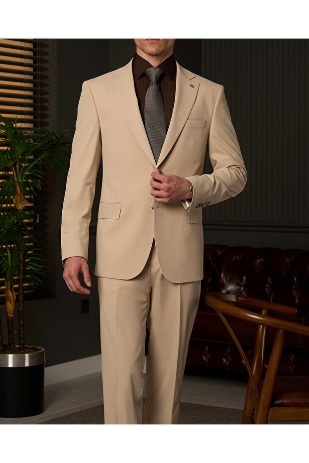 Regular Fit Men's Mono Collar Jacket Pants Suit Beige T20121-09