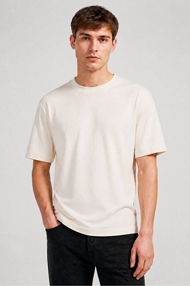 Men Crew Neck Short Sleeve Plain T-Shirt, Off White