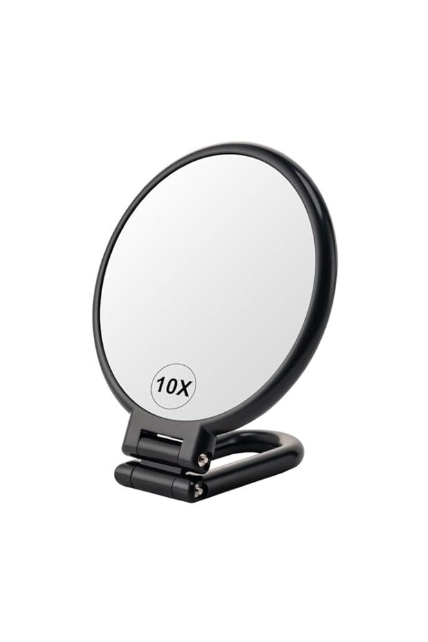 Double Sided Magnifying Mirror 1X/10X, Foldable Black Travel Makeup Mirror – Adjustable Rotation Stand, Multi-Use Hand/Hanging/Desk Vanity Mirror