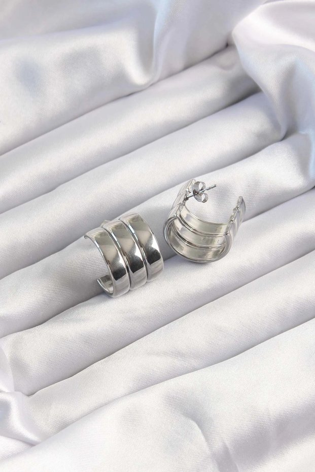 316L Steel Silver Color Triple Appearance Curved Model Half Hoop Earrings