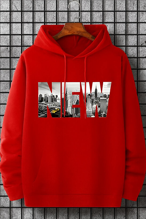 Unisex Oversize 3 Thread Raster Black Hooded Sweatshirt with Kangaroo Pocket and "New Written and City View" Print