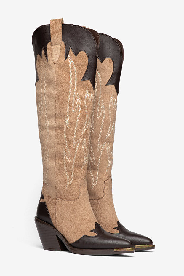 Mink Matte Suede Embroidery Detail Knee-High Western Cowboy Boots