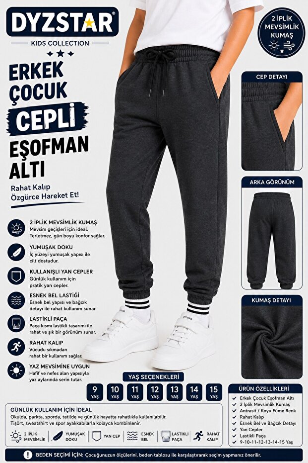 Boy's Anthracite Dark Smoked Pocketed Sweatpants, Two-Thread Seasonal Elasticated Cuffs, Comfortable Fit, Suitable for School, Ages 9-15