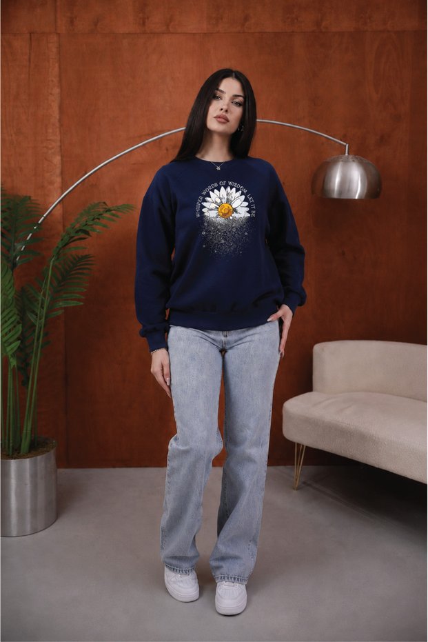 Women's Whisper Yellow Daisy Graphic Printed Comfortable Fit Crew Neck Navy Blue Sweatshirt