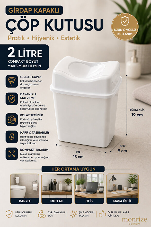 2 Liter Swirl Lid Trash Can Small Trash Bin Bathroom Kitchen Office Tabletop