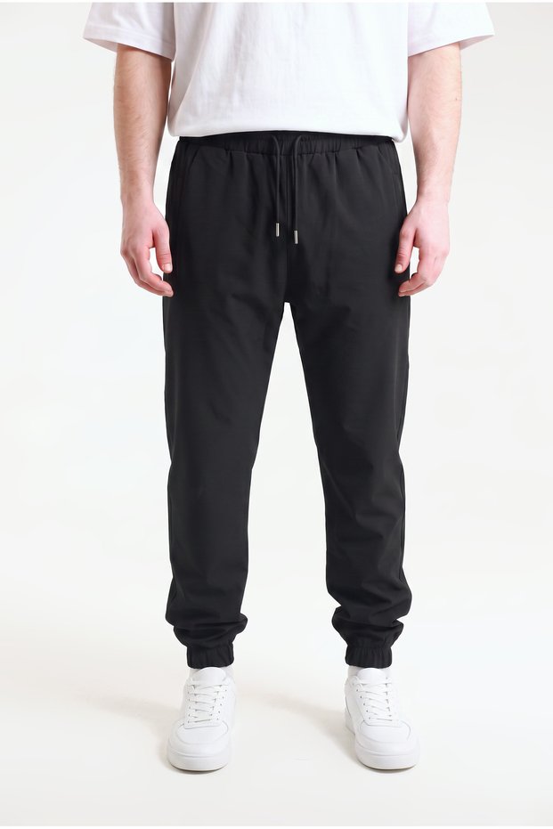 Men's Black Parachute Fabric Trousers with Elasticated Cuffs and Zippered Back Pockets