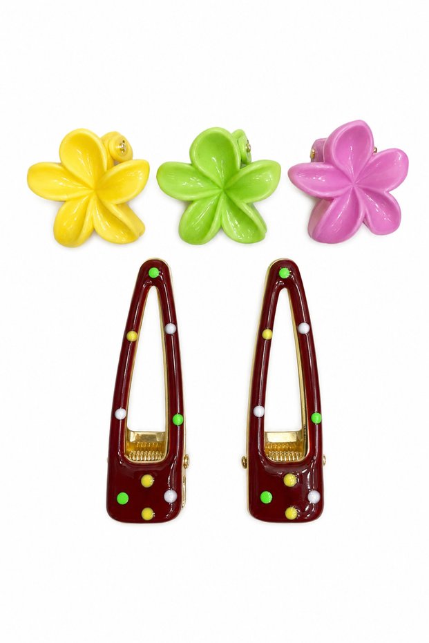 Children's Floral and Polka Dot Hair Clip Set - 5 Pieces Colorful Hair Accessories